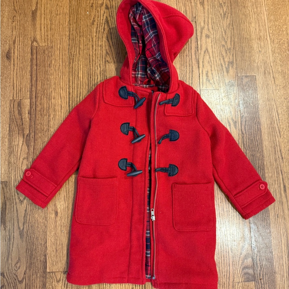 GAP Red Hooded Kids Pea Coat with Navy Toggles